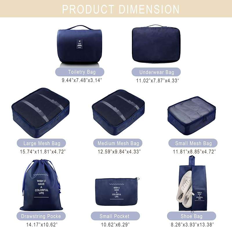 Ebbniur Packing Cubes, 8 Pcs Travel Packing Organizers for Suitcases, Large Capacity Travel Luggage Organizers Set includes 8 Storage Bags, Travel Essentials for Women or Men (Navy Blue) - Image 2