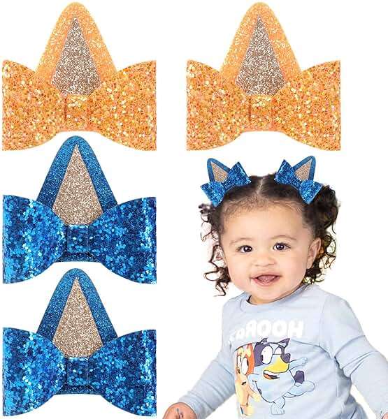 2 Pairs Blue Dog Ears and Orange Dog Ear Hair Bow Clips for Toddler Kids Adult Glitter Bows Halloween Costume Animal Cosplay Hair Accessories Birthday Party Supplies (Blue+Orange) - Image 1