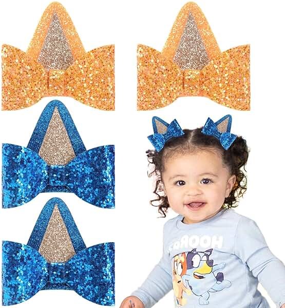 2 Pairs Blue Dog Ears and Orange Dog Ear Hair Bow Clips for Toddler Kids Adult Glitter Bows Halloween Costume Animal Cosplay Hair Accessories Birthday Party Supplies (Blue+Orange) - Product Image