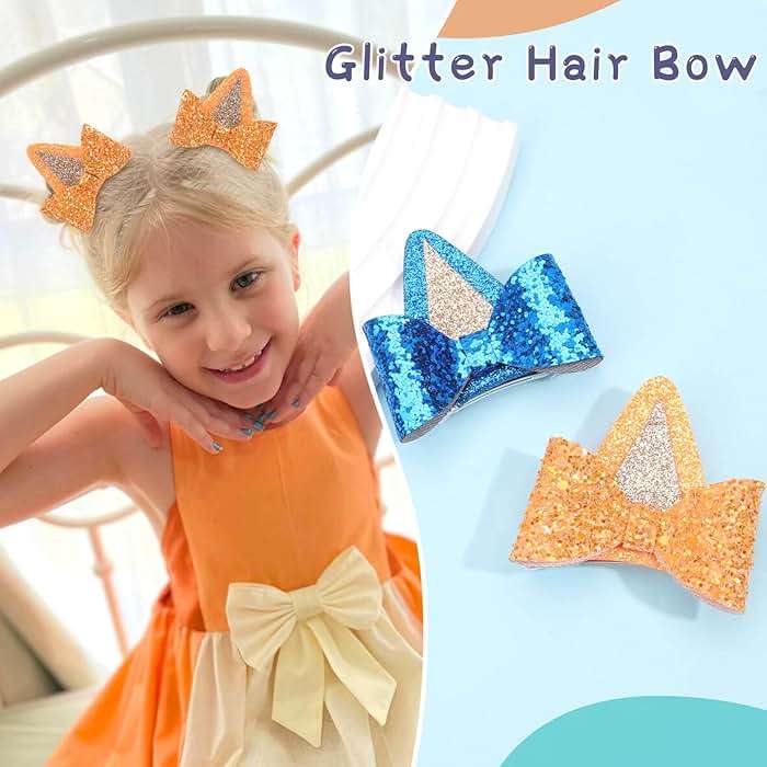 2 Pairs Blue Dog Ears and Orange Dog Ear Hair Bow Clips for Toddler Kids Adult Glitter Bows Halloween Costume Animal Cosplay Hair Accessories Birthday Party Supplies (Blue+Orange) - Image 2