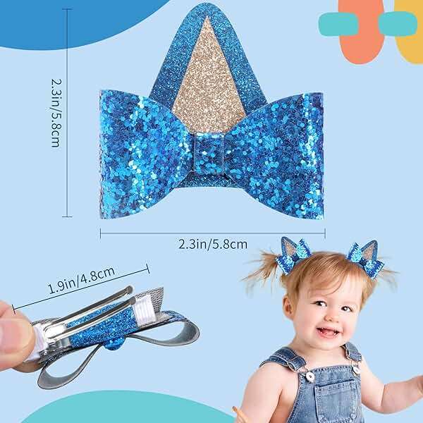 2 Pairs Blue Dog Ears and Orange Dog Ear Hair Bow Clips for Toddler Kids Adult Glitter Bows Halloween Costume Animal Cosplay Hair Accessories Birthday Party Supplies (Blue+Orange) - Image 3