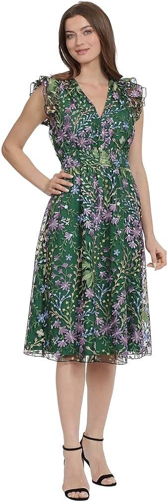 Maggy London Women's Dresses V-Neck Garden Floral Embroidered Dress Colorful Feminine Party Event Occasion Guest of - Product Image