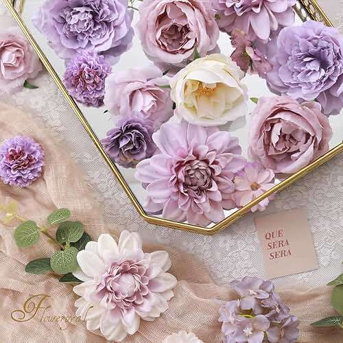 Floweroyal Artificial Flowers Combo Purple Flowers Mix Silk Flowers Dahlia Roses with Stems for DIY Wedding Bridal Bouquets, Baby Shower, Floral Arrangement, Table Centerpieces, Home Decorations. - Image 2