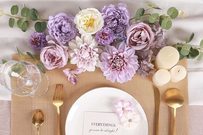 Floweroyal Artificial Flowers Combo Purple Flowers Mix Silk Flowers Dahlia Roses with Stems for DIY Wedding Bridal Bouquets, Baby Shower, Floral Arrangement, Table Centerpieces, Home Decorations. - Image 3