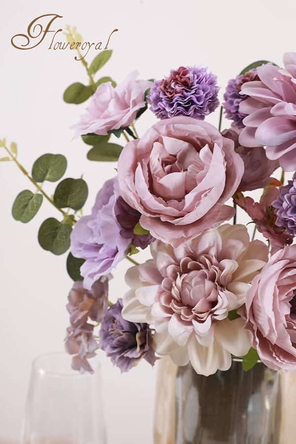 Floweroyal Artificial Flowers Combo Purple Flowers Mix Silk Flowers Dahlia Roses with Stems for DIY Wedding Bridal Bouquets, Baby Shower, Floral Arrangement, Table Centerpieces, Home Decorations. - Image 4