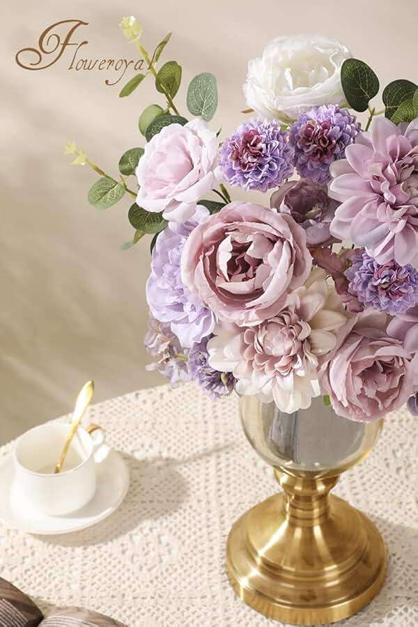 Floweroyal Artificial Flowers Combo Purple Flowers Mix Silk Flowers Dahlia Roses with Stems for DIY Wedding Bridal Bouquets, Baby Shower, Floral Arrangement, Table Centerpieces, Home Decorations. - Image 5