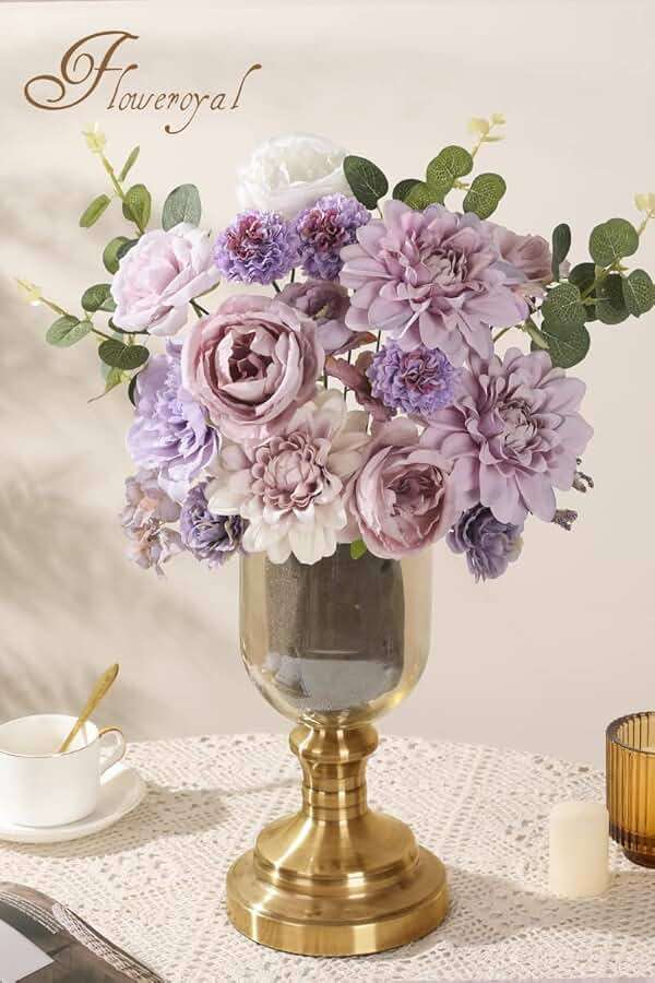 Floweroyal Artificial Flowers Combo Purple Flowers Mix Silk Flowers Dahlia Roses with Stems for DIY Wedding Bridal Bouquets, Baby Shower, Floral Arrangement, Table Centerpieces, Home Decorations. - Image 6