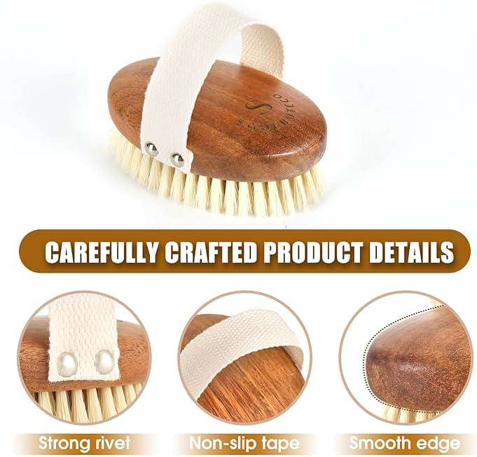 SAMEBUTECOBody Brush Solid Acacia Wood Boar Long Bristles Bath Brush for Skin Exfoliation,Lymphatic Drainage Improvement Oval Shape Dry Brush Comfort to Hold Works - Image 3