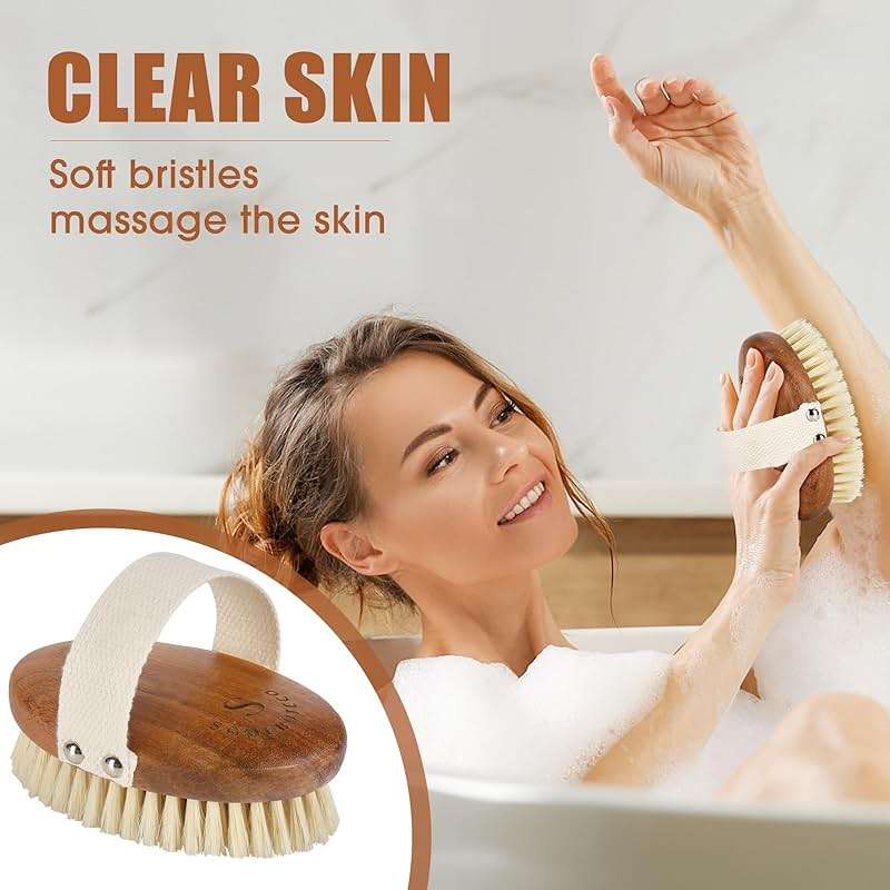 SAMEBUTECOBody Brush Solid Acacia Wood Boar Long Bristles Bath Brush for Skin Exfoliation,Lymphatic Drainage Improvement Oval Shape Dry Brush Comfort to Hold Works - Image 5