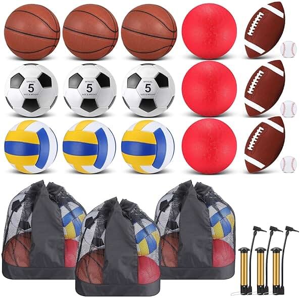 Leyndo 18 Pcs Sport Balls Bulk Set Basketball Football Volleyball Soccer Playground Baseball with Sport Equipment Bag Pump for Adults Gifts Outdoor Indoor - Product Image