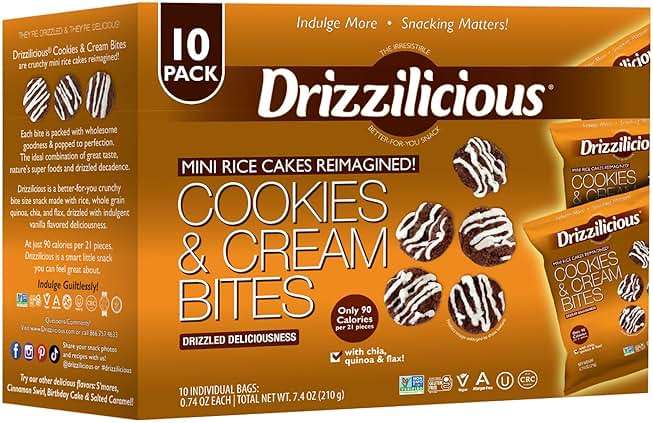 Drizzilicious Mini Flavored Rice Cakes Cookies & Cream - Rice Crisps, Healthy Snack for Adults and Kids, Vegan, Gluten Free Snack, Allergen Free, Only 90 Calories Per Bag - 0.74 oz (Pack of 10) - Image 1
