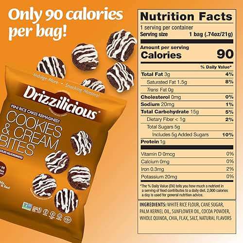 Drizzilicious Mini Flavored Rice Cakes Cookies & Cream - Rice Crisps, Healthy Snack for Adults and Kids, Vegan, Gluten Free Snack, Allergen Free, Only 90 Calories Per Bag - 0.74 oz (Pack of 10) - Image 2