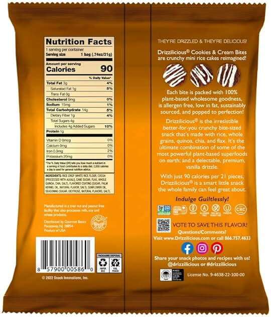 Drizzilicious Mini Flavored Rice Cakes Cookies & Cream - Rice Crisps, Healthy Snack for Adults and Kids, Vegan, Gluten Free Snack, Allergen Free, Only 90 Calories Per Bag - 0.74 oz (Pack of 10) - Image 3
