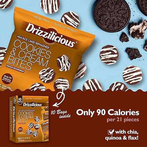 Drizzilicious Mini Flavored Rice Cakes Cookies & Cream - Rice Crisps, Healthy Snack for Adults and Kids, Vegan, Gluten Free Snack, Allergen Free, Only 90 Calories Per Bag - 0.74 oz (Pack of 10) - Image 6