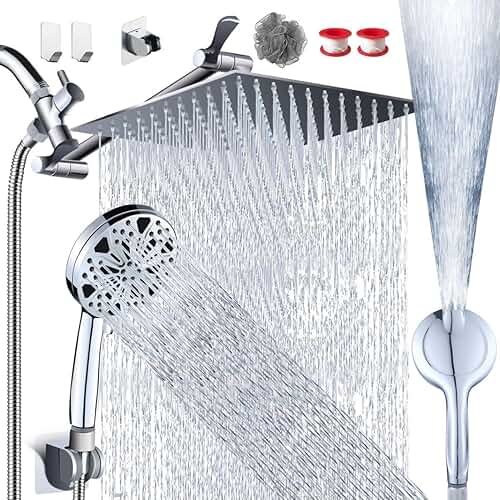 Razime 12''Rainfall Shower Head with Handheld Combo High Pressure 8+2 MODE built-in power wash, Stainless Steel Chrome Showerhead with 11'' Extension Arm Height/Angle Adjustable with Holder&60"Hose - Product Image