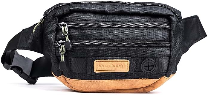 Wilderdog Utility Fanny Pack stores Treats, Balls, Keys in 3 Pockets with adjustable strap and Poop Bag dispenser (Black) - Product Image