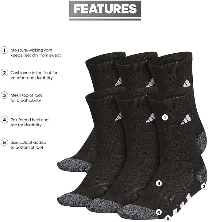 adidas Kids Athletic Cushioned 6-Pack Crew (Little Kid/Big Kid/Adult) - Image 2