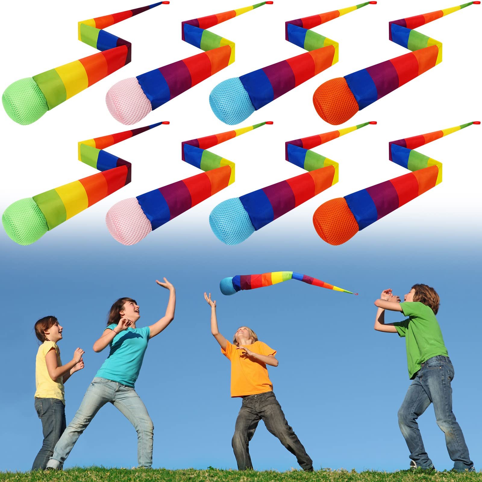 Leyndo 8 Pcs 26 Inch Throw and Catch Balls with Rainbow Tail, Fun Colorful Sports Comet Balls Playground Toys for School Classroom Beach Outdoor Camping Healthy and Fun Games (Multi Color) - Product Image