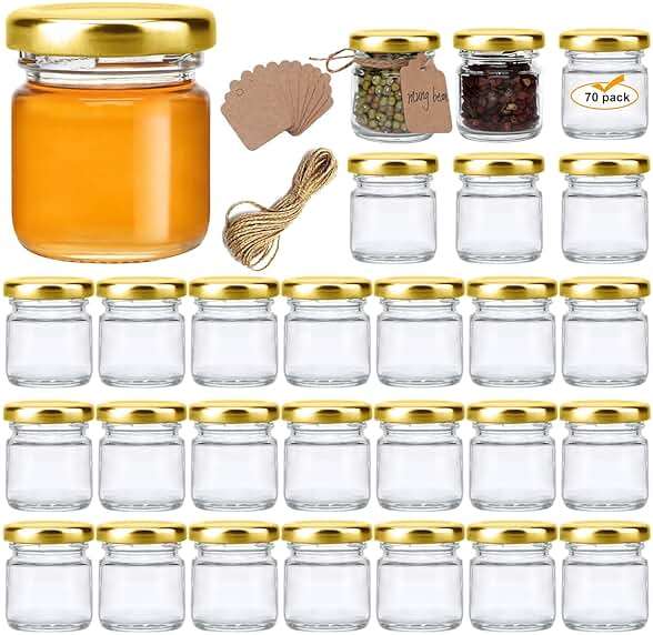Encheng 1.5oz Mini Glass Jars Bulk Set of 70,Round Small 45ml Honey Jars with Golden Lids,Clear Mini Storage Canning Jar for Candle Making,Spice,Jelly,Jam,Wedding,Party Favor - Image 1