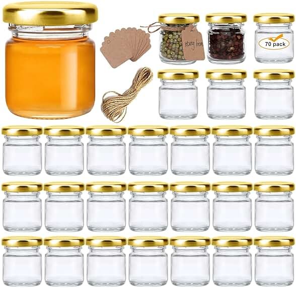 Encheng 1.5oz Mini Glass Jars Bulk Set of 70,Round Small 45ml Honey Jars with Golden Lids,Clear Mini Storage Canning Jar for Candle Making,Spice,Jelly,Jam,Wedding,Party Favor - Product Image