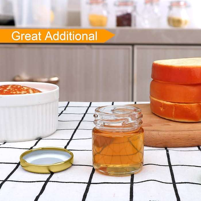 Encheng 1.5oz Mini Glass Jars Bulk Set of 70,Round Small 45ml Honey Jars with Golden Lids,Clear Mini Storage Canning Jar for Candle Making,Spice,Jelly,Jam,Wedding,Party Favor - Image 2