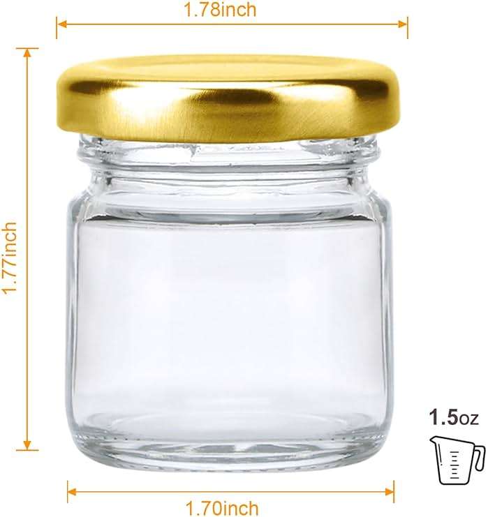 Encheng 1.5oz Mini Glass Jars Bulk Set of 70,Round Small 45ml Honey Jars with Golden Lids,Clear Mini Storage Canning Jar for Candle Making,Spice,Jelly,Jam,Wedding,Party Favor - Image 3