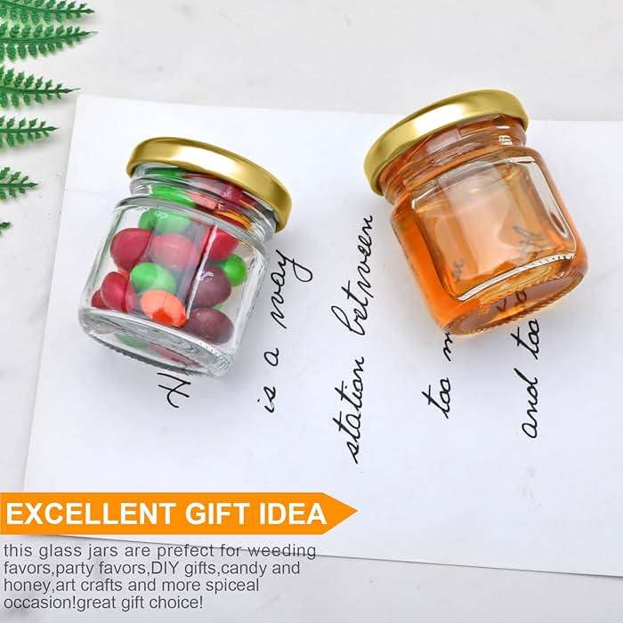 Encheng 1.5oz Mini Glass Jars Bulk Set of 70,Round Small 45ml Honey Jars with Golden Lids,Clear Mini Storage Canning Jar for Candle Making,Spice,Jelly,Jam,Wedding,Party Favor - Image 5