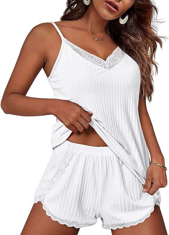 Ekouaer Womens Pajama Sets Soft Lingerie Sleepwear 2 Piece Cami Shorts Set V Neck Pj Lace Nightwear - Image 1