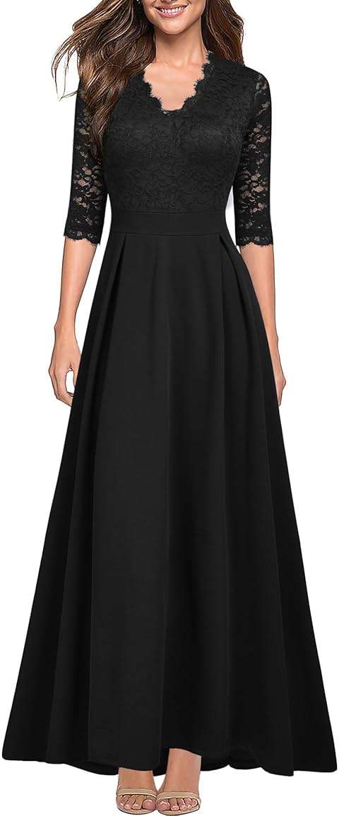 REPHYLLIS Women's V Neck Lace Vintage Formal Bridesmaid Wedding Long Dress - Image 1