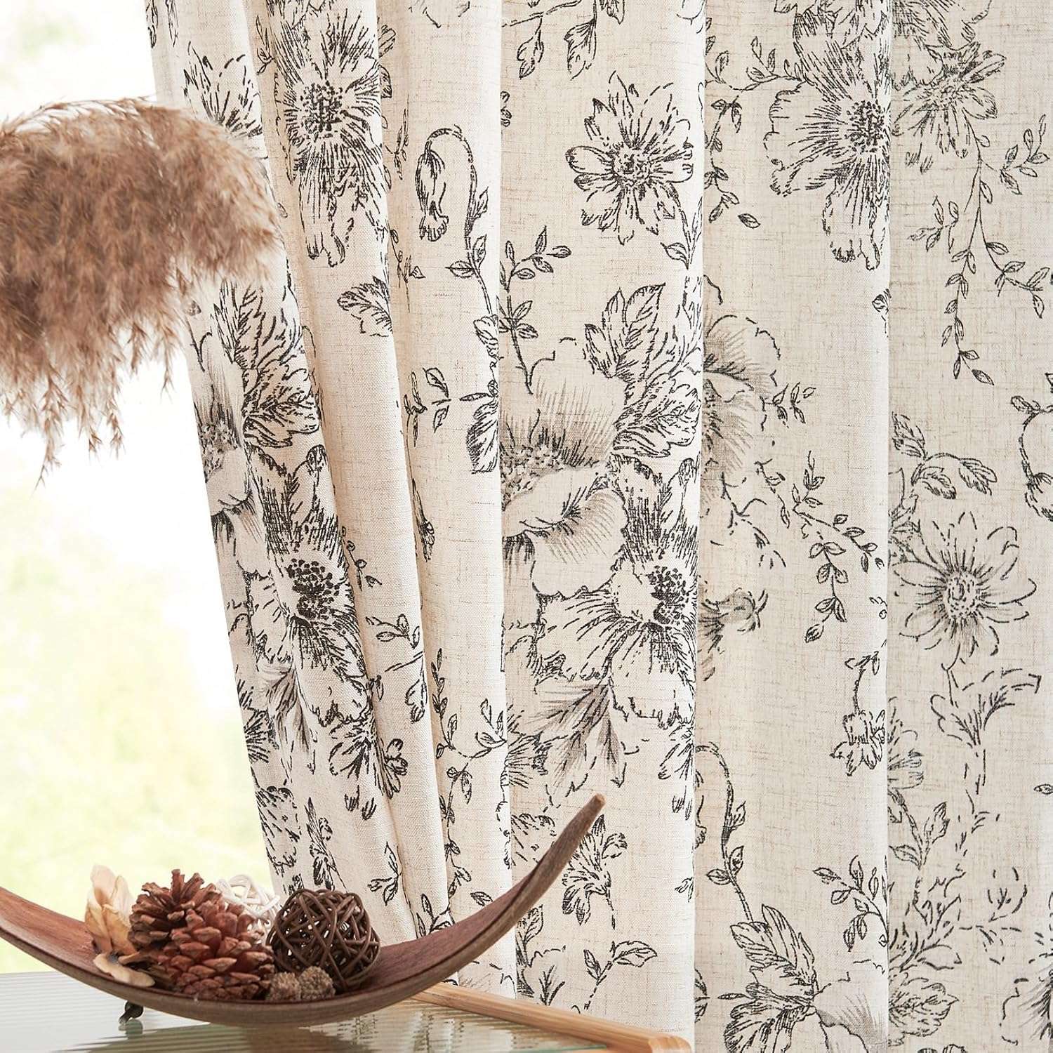 jinchan Floral Curtains for Living Room 84 Inch Length Farmhouse Printed Curtain Rod Pocket Back Tab Black Peony Flower Patterned Drapes Bedroom Window Curtains Set 2 Panels 25% Linen 75% Polyester - Image 1