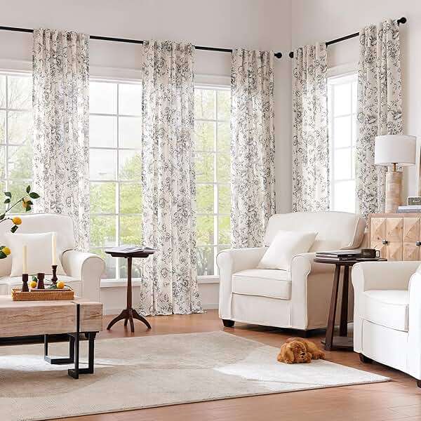 jinchan Floral Curtains for Living Room 84 Inch Length Farmhouse Printed Curtain Rod Pocket Back Tab Black Peony Flower Patterned Drapes Bedroom Window Curtains Set 2 Panels 25% Linen 75% Polyester - Image 2