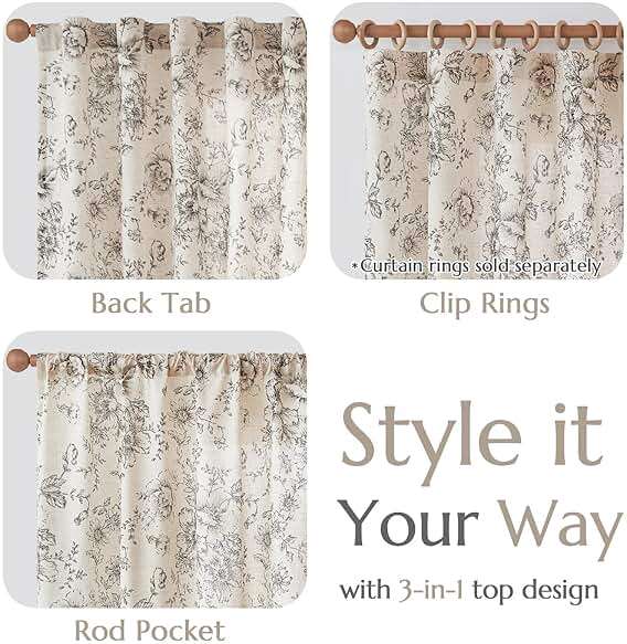 jinchan Floral Curtains for Living Room 84 Inch Length Farmhouse Printed Curtain Rod Pocket Back Tab Black Peony Flower Patterned Drapes Bedroom Window Curtains Set 2 Panels 25% Linen 75% Polyester - Image 5