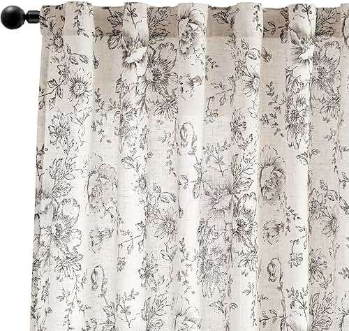 jinchan Floral Curtains for Living Room 84 Inch Length Farmhouse Printed Curtain Rod Pocket Back Tab Black Peony Flower Patterned Drapes Bedroom Window Curtains Set 2 Panels 25% Linen 75% Polyester - Image 9