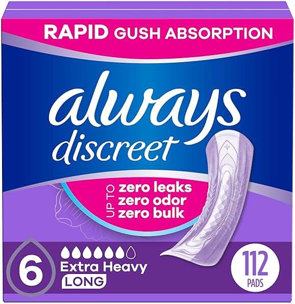 Always Discreet Adult Incontinence Pads for Women, Drier, 6 Drop Long Length, Extra Heavy Absorbency, Pads for Bladder Control Management, Bladder Leaks, & Postpartum Pads, 112ct - Product Image