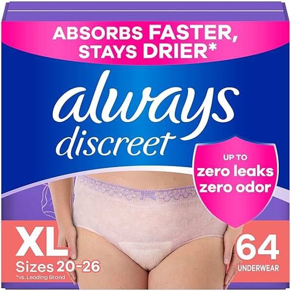 Always Discreet Adult Diapers for Women, Incontinence Underwear, Postpartum Essentials, Disposable Briefs, Max Absorbency, Bladder Leak Protection, Extra Large/XL, 64ct - Product Image