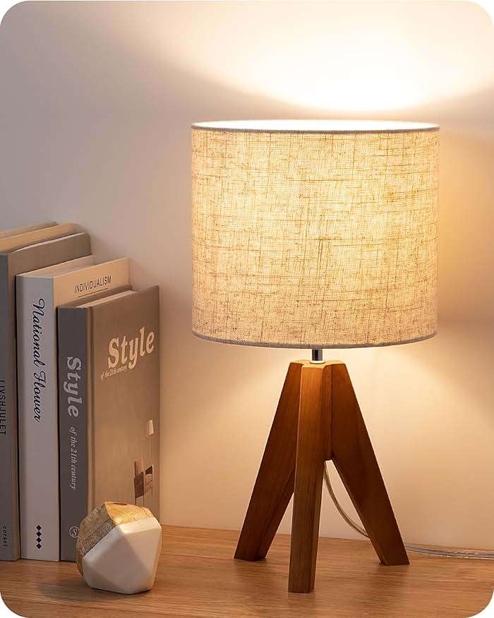 EDISHINE Tripod Table Lamp, Small Cute Bedside Lamp with Linen Beige Lampshade, Nightstand Lamp for Nursery, Bedroom, Kid Room, Living Room, Light Brown Wooden Base, E26 Socket, 14.2 Inch - Image 1