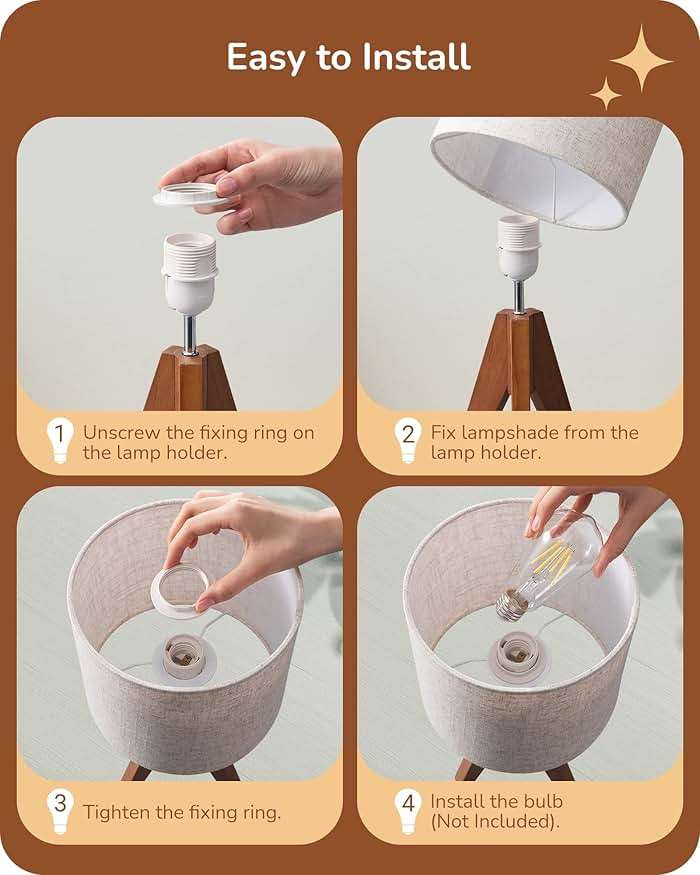 EDISHINE Tripod Table Lamp, Small Cute Bedside Lamp with Linen Beige Lampshade, Nightstand Lamp for Nursery, Bedroom, Kid Room, Living Room, Light Brown Wooden Base, E26 Socket, 14.2 Inch - Image 4