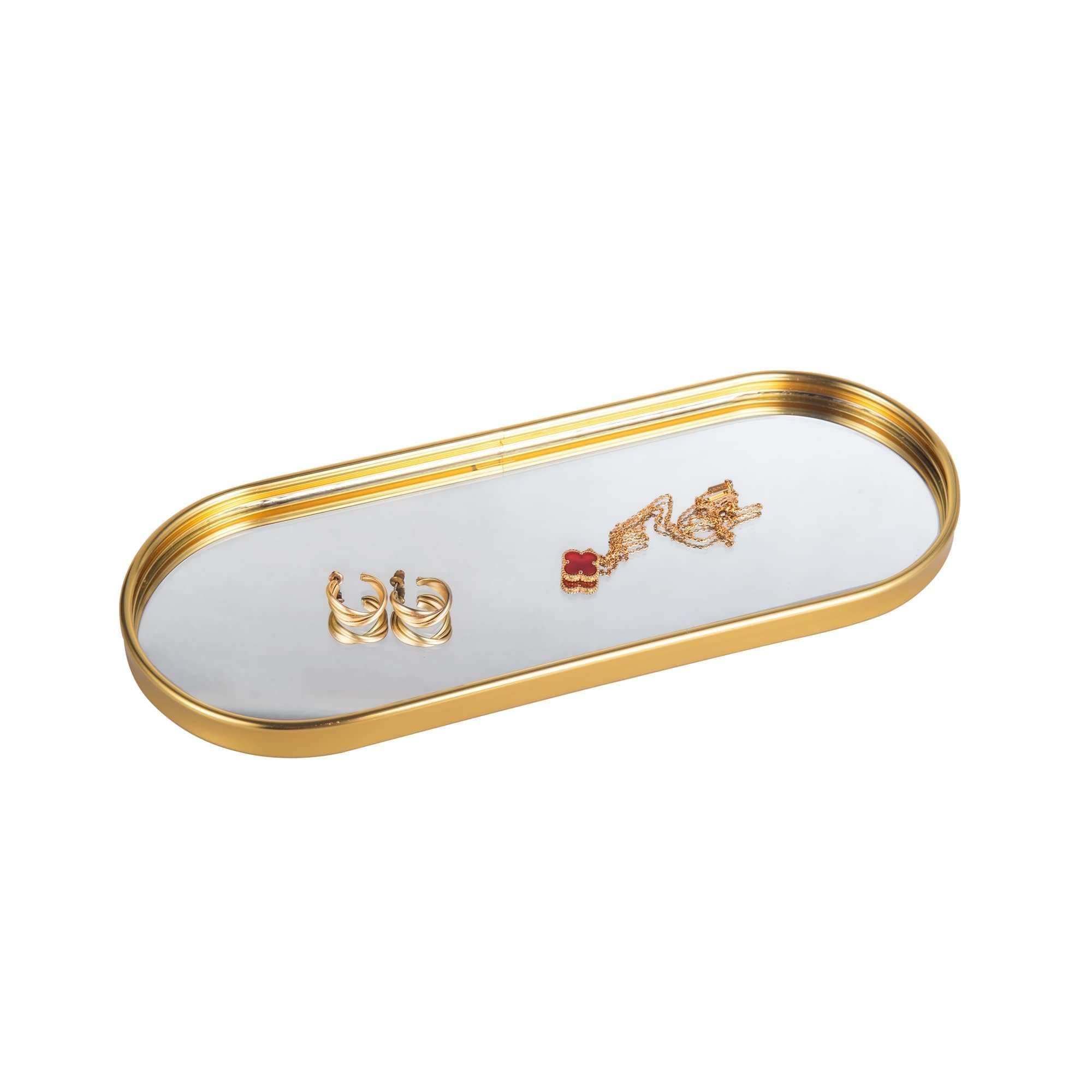 Feyarl Gold Mirrored Jewelry Trinket Tray Vanit Little Ring Earings Organizer Ornate Cosmetic Perfume Tray Display Decorative Coffee Table Tray for Home Decor Dinning Room Dresser Tabletop - Image 1