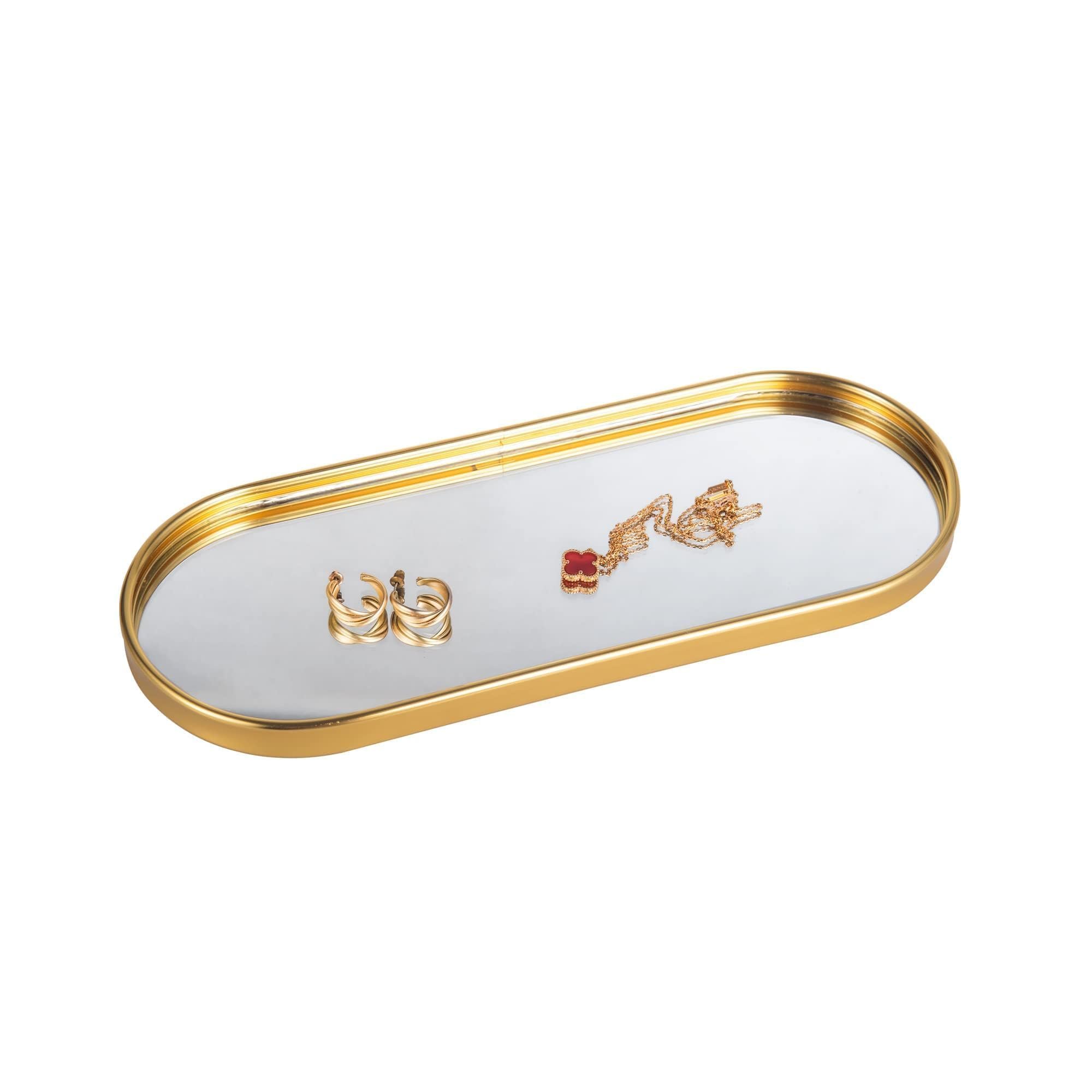 Feyarl Gold Mirrored Jewelry Trinket Tray Vanit Little Ring Earings Organizer Ornate Cosmetic Perfume Tray Display Decorative Coffee Table Tray for Home Decor Dinning Room Dresser Tabletop - Product Image