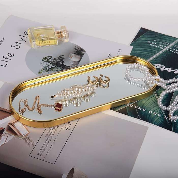 Feyarl Gold Mirrored Jewelry Trinket Tray Vanit Little Ring Earings Organizer Ornate Cosmetic Perfume Tray Display Decorative Coffee Table Tray for Home Decor Dinning Room Dresser Tabletop - Image 2