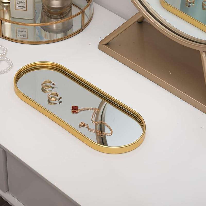 Feyarl Gold Mirrored Jewelry Trinket Tray Vanit Little Ring Earings Organizer Ornate Cosmetic Perfume Tray Display Decorative Coffee Table Tray for Home Decor Dinning Room Dresser Tabletop - Image 5