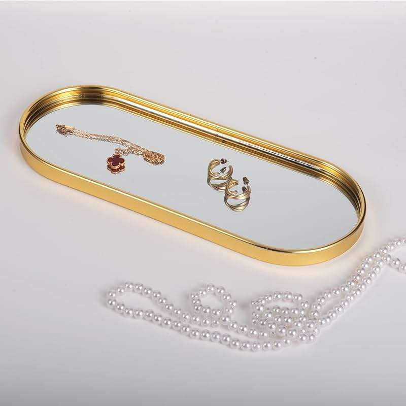 Feyarl Gold Mirrored Jewelry Trinket Tray Vanit Little Ring Earings Organizer Ornate Cosmetic Perfume Tray Display Decorative Coffee Table Tray for Home Decor Dinning Room Dresser Tabletop - Image 6