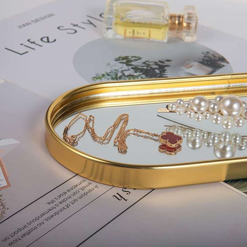 Feyarl Gold Mirrored Jewelry Trinket Tray Vanit Little Ring Earings Organizer Ornate Cosmetic Perfume Tray Display Decorative Coffee Table Tray for Home Decor Dinning Room Dresser Tabletop - Image 8