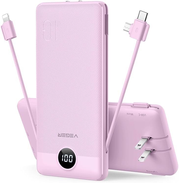 VEGER Portable Charger Power Bank with Built-in AC Plug and Cables, All in One 10000mAh Ultra Slim Travel Essentials, Fast Charging Battery Pack Compatible with iPhone, Samsung, Android, Purple - Product Image