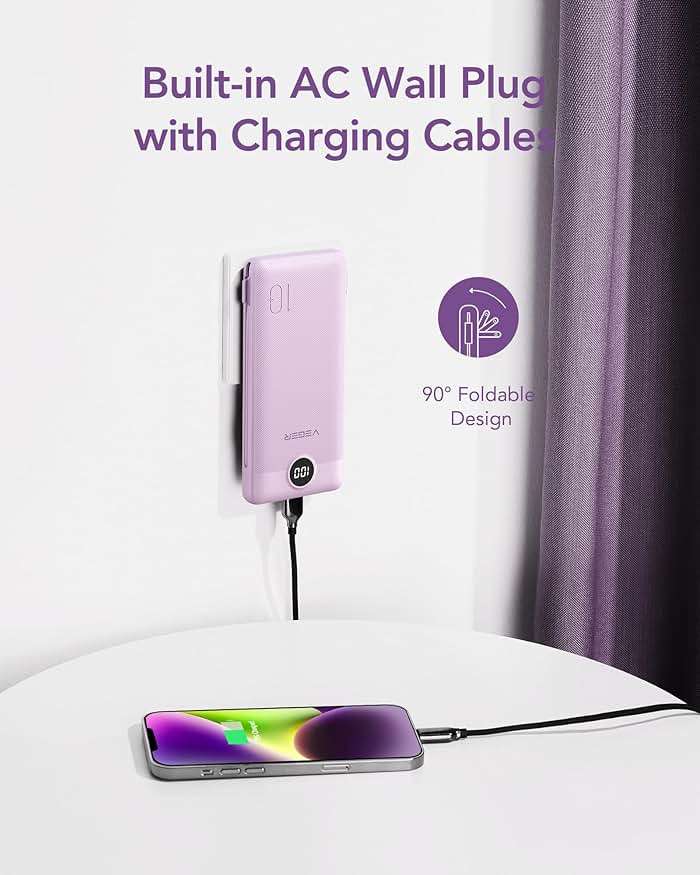 VEGER Portable Charger Power Bank with Built-in AC Plug and Cables, All in One 10000mAh Ultra Slim Travel Essentials, Fast Charging Battery Pack Compatible with iPhone, Samsung, Android, Purple - Image 3