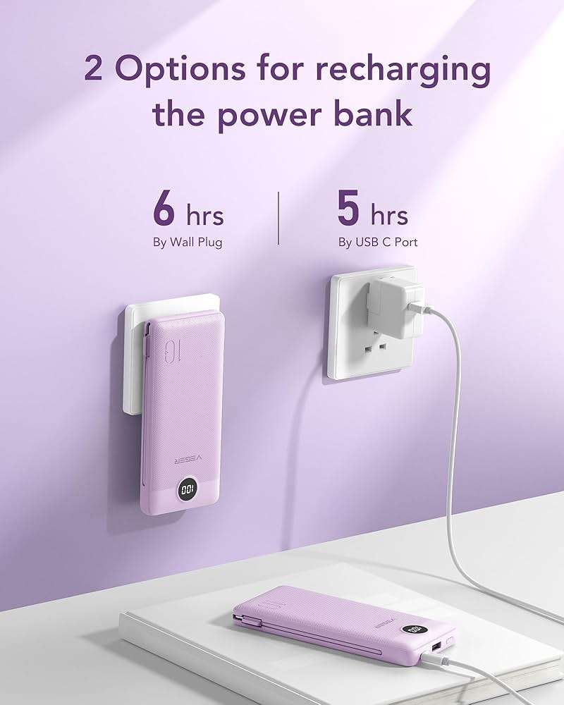 VEGER Portable Charger Power Bank with Built-in AC Plug and Cables, All in One 10000mAh Ultra Slim Travel Essentials, Fast Charging Battery Pack Compatible with iPhone, Samsung, Android, Purple - Image 5