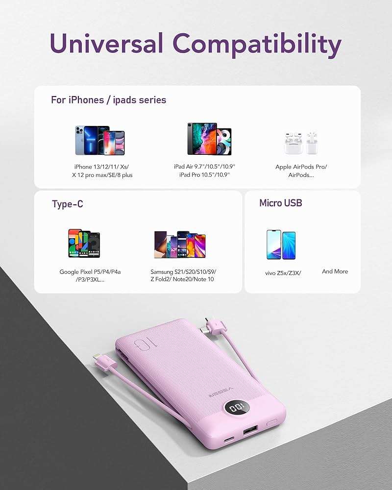 VEGER Portable Charger Power Bank with Built-in AC Plug and Cables, All in One 10000mAh Ultra Slim Travel Essentials, Fast Charging Battery Pack Compatible with iPhone, Samsung, Android, Purple - Image 6
