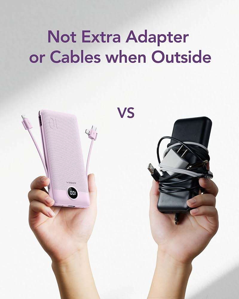 VEGER Portable Charger Power Bank with Built-in AC Plug and Cables, All in One 10000mAh Ultra Slim Travel Essentials, Fast Charging Battery Pack Compatible with iPhone, Samsung, Android, Purple - Image 7