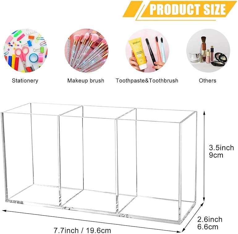 Cerpourt Clear Makeup Brush Organizer,Acrylic Cosmetic Brushes Storage Holder with 3 Slots,Pencil Pen Holder for Desk,Desk Organizer and Accessories for Vanity - Image 3