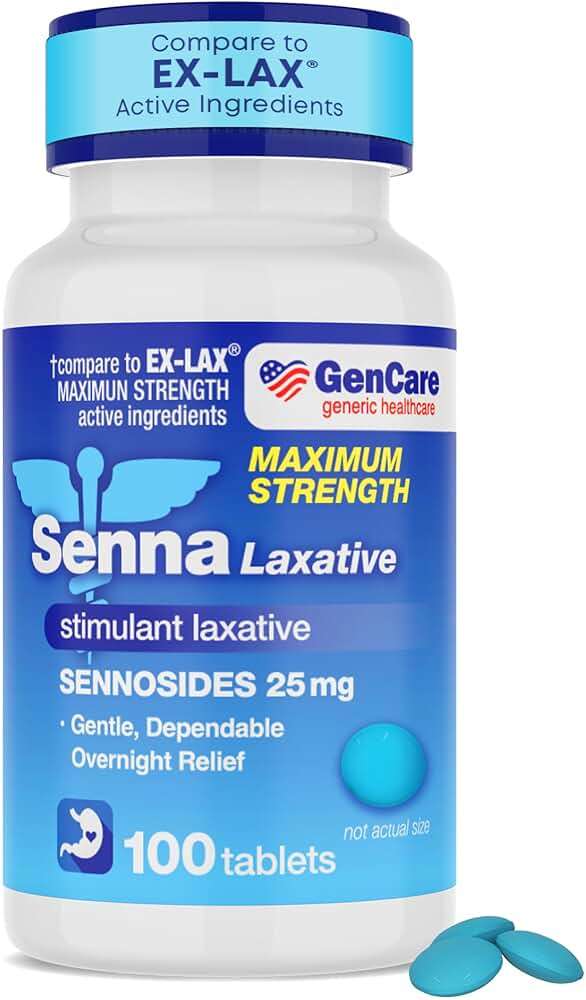 GenCare - Maximum Strength Senna Laxative 25mg (100 Tablets) - Gentle Constipation Relief Sennosides USP Stimulant Laxatives Digestion Pills - Natural Overnight Relief while You Sleep - Generic Ex Lax - Image 1